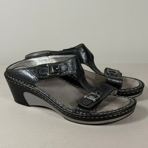 Alegria Lara Black Leather Wedge T-Strap Sandals Buckle Slide EU 38 US 7.5-8